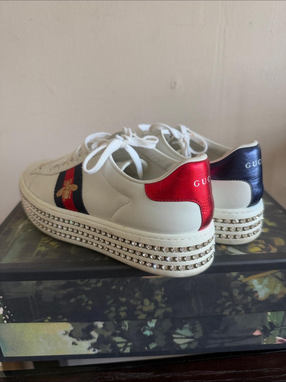 Gucci White Leather Platform Sneakers with Red & Blue Heel Tabs